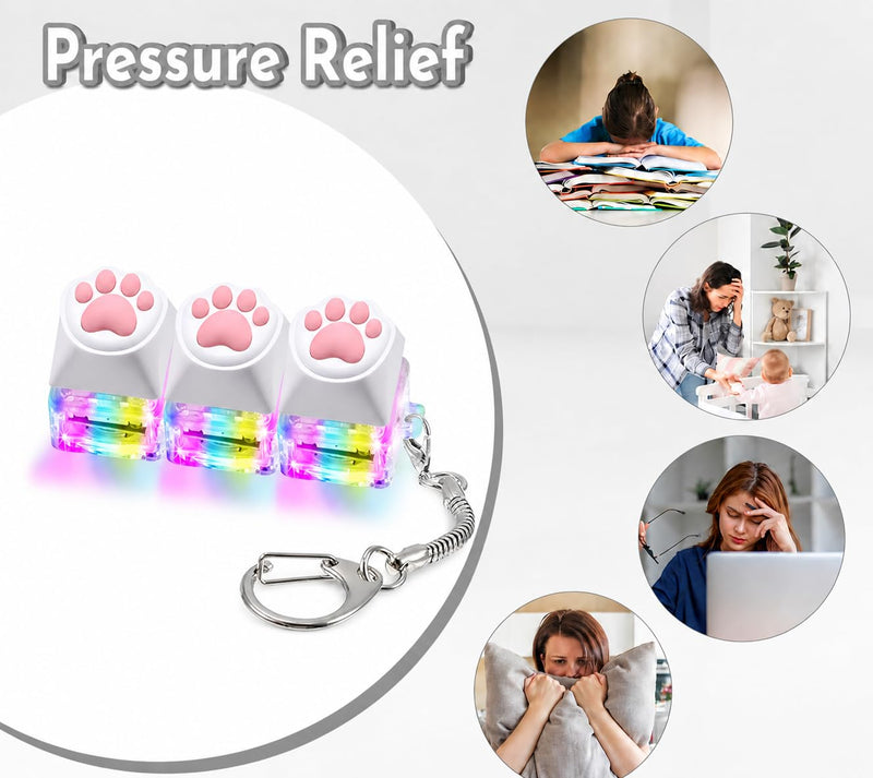 FiTiX Keyboard Fidget Toy for Stress Relief, Sound Clicker Keychain, for Office, School, Travel, Pink Cute Cat Paw Style (3 in 1 RGB LED ( Cute Cat Paw ))