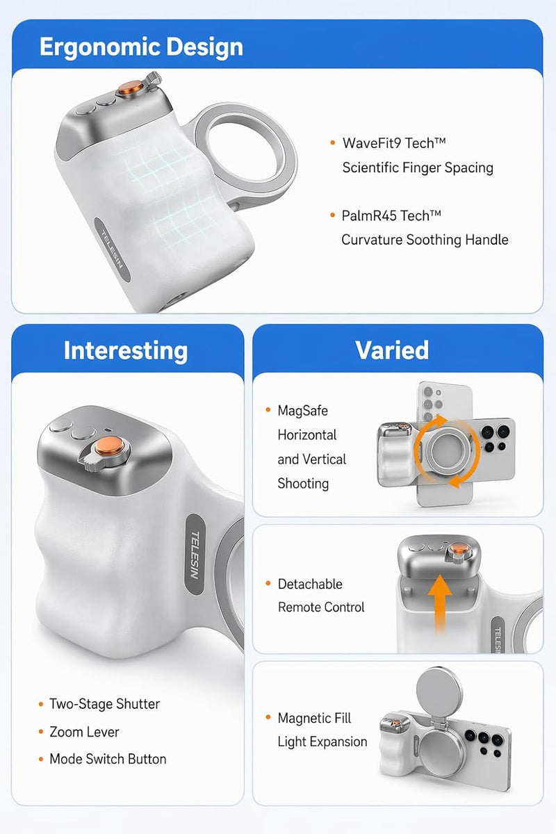 FiTix Fun Shot Magnetic Phone Camera DSLR Style Shutter Grip for iPhone and Android, with Detachable Wireless Shutter Button