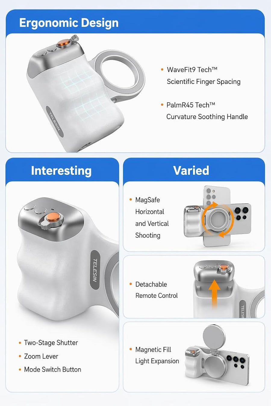FiTix Fun Shot Magnetic Phone Camera DSLR Style Shutter Grip for iPhone and Android, with Detachable Wireless Shutter Button