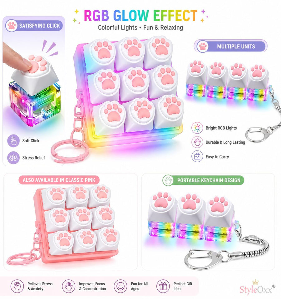 FiTiX Keyboard Fidget Toy for Stress Relief, Sound Clicker Keychain, for Office, School, Travel, Pink Cute Cat Paw Style (3 in 1 RGB LED ( Cute Cat Paw ))