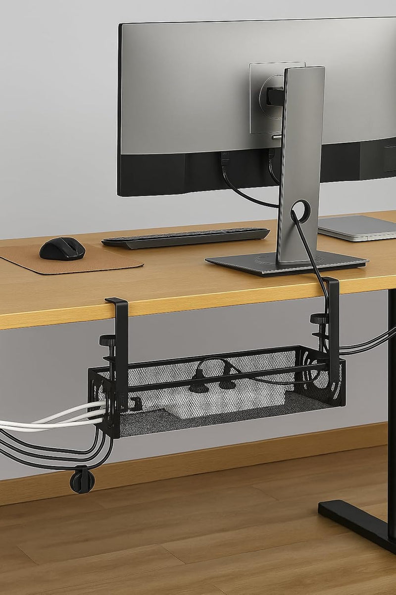 FiTix Premium Metal Cable Organizer Tray, Under Desk Wire Management System for Office, Home, Gaming Setup, Steel Wire Raceway for Power Strips, Cords (Black)