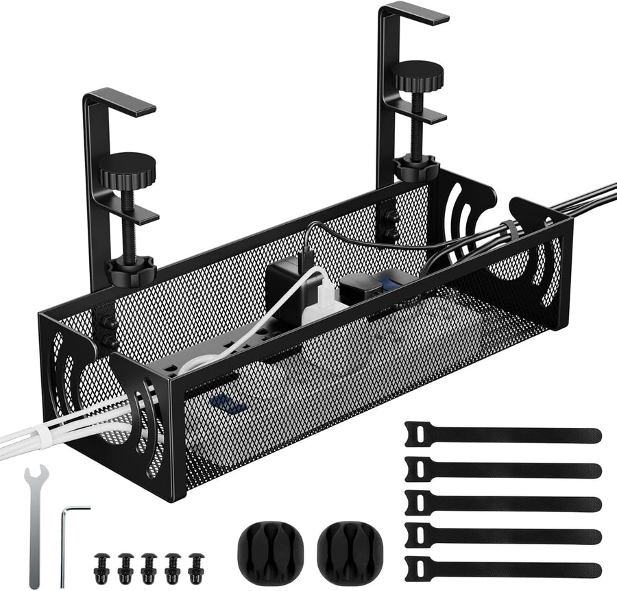 FiTix Premium Metal Cable Organizer Tray, Under Desk Wire Management System for Office, Home, Gaming Setup, Steel Wire Raceway for Power Strips, Cords (Black)